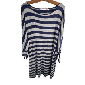 Soft Surroundings Adrift Tunic Top Size M Gray Navy Stripe Tie Sleeve Boho Casua
